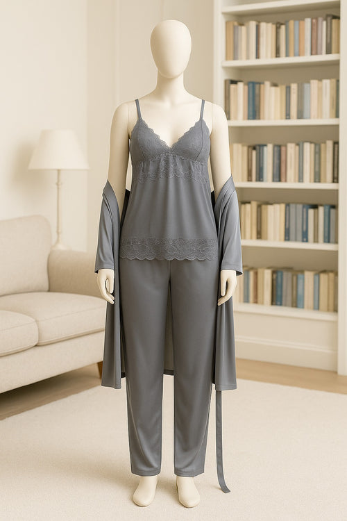 Luxury 3-Piece Silk Satin Nightwear Set – Elegant Lace Cami, Full-Length Pajamas & Matching Robe (Free Size - 12 Colors)