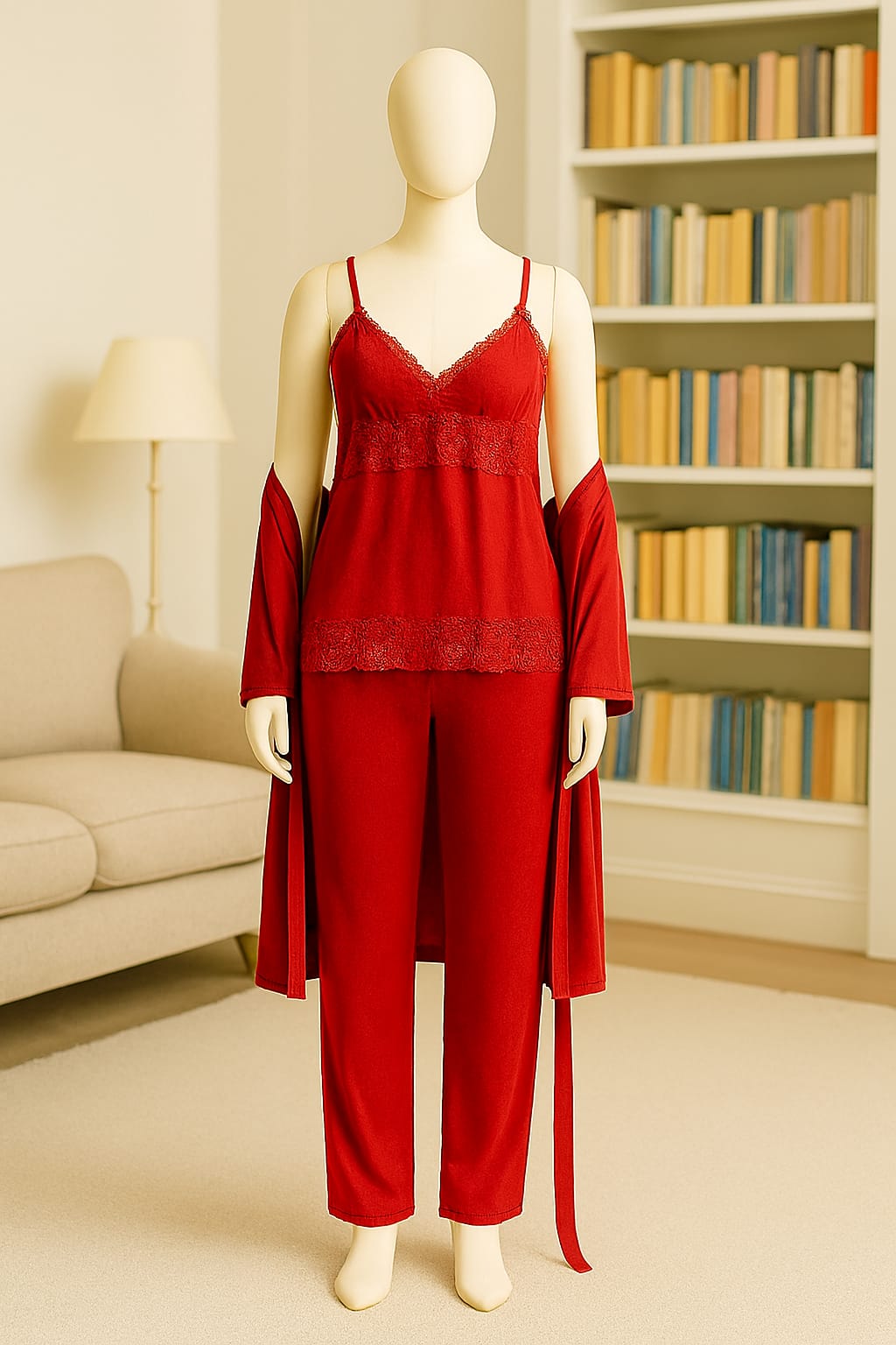 Luxury 3-Piece Silk Satin Nightwear Set – Elegant Lace Cami, Full-Length Pajamas & Matching Robe (Free Size - 12 Colors)