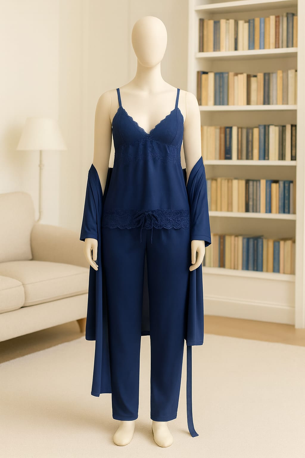 Luxury 3-Piece Silk Satin Nightwear Set – Elegant Lace Cami, Full-Length Pajamas & Matching Robe (Free Size - 12 Colors)