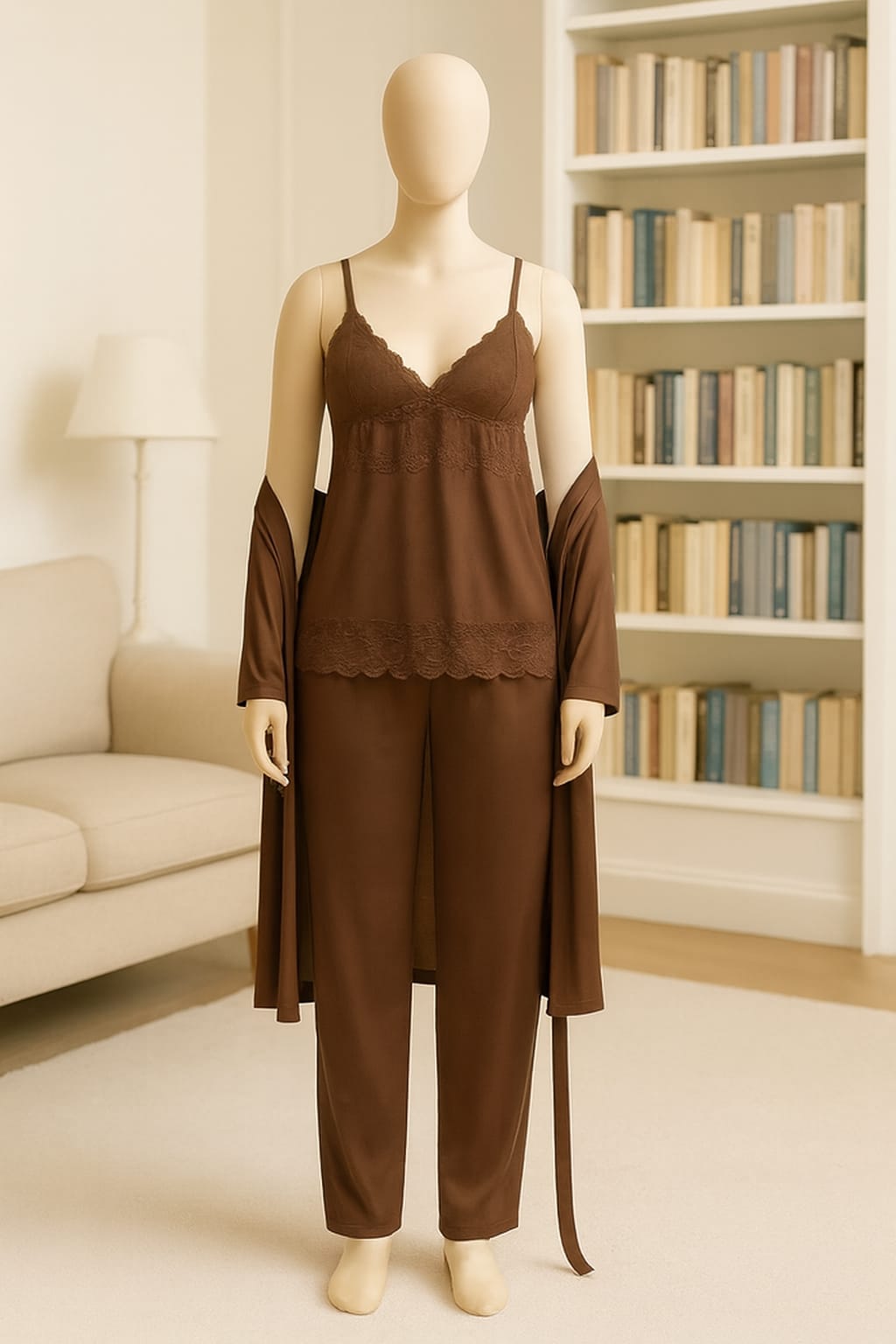 Luxury 3-Piece Silk Satin Nightwear Set – Elegant Lace Cami, Full-Length Pajamas & Matching Robe (Free Size - 12 Colors)