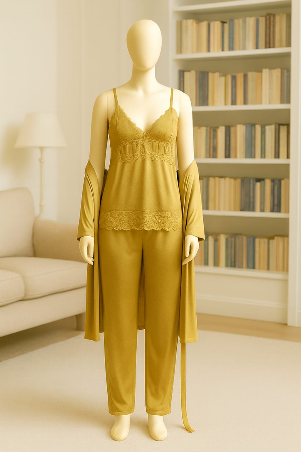 Luxury 3-Piece Silk Satin Nightwear Set – Elegant Lace Cami, Full-Length Pajamas & Matching Robe (Free Size - 12 Colors)