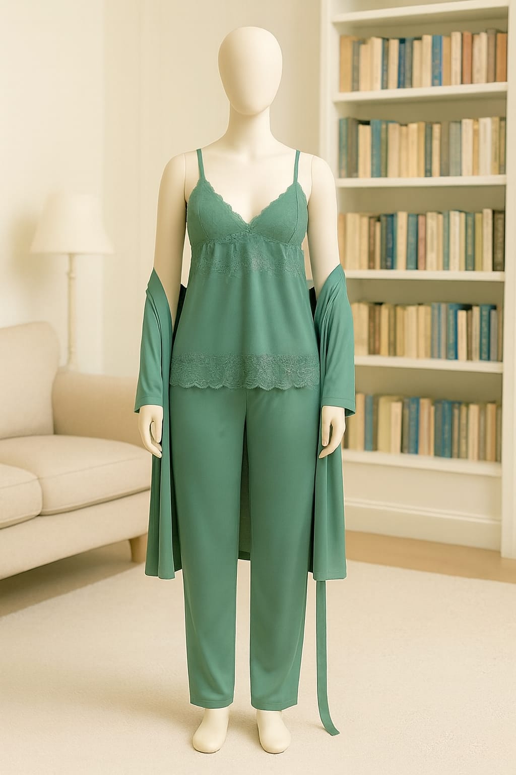 Luxury 3-Piece Silk Satin Nightwear Set – Elegant Lace Cami, Full-Length Pajamas & Matching Robe (Free Size - 12 Colors)