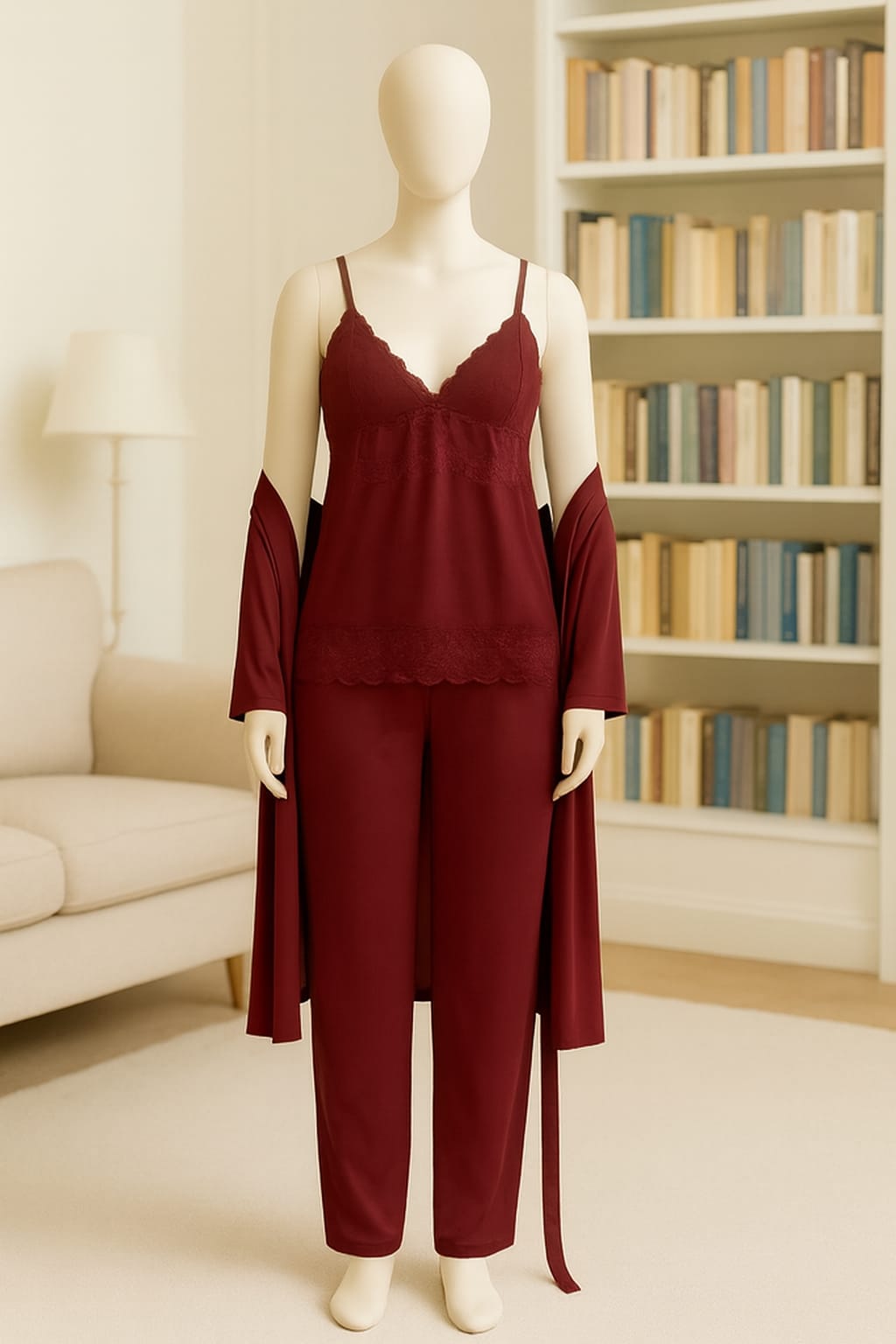 Luxury 3-Piece Silk Satin Nightwear Set – Elegant Lace Cami, Full-Length Pajamas & Matching Robe (Free Size - 12 Colors)