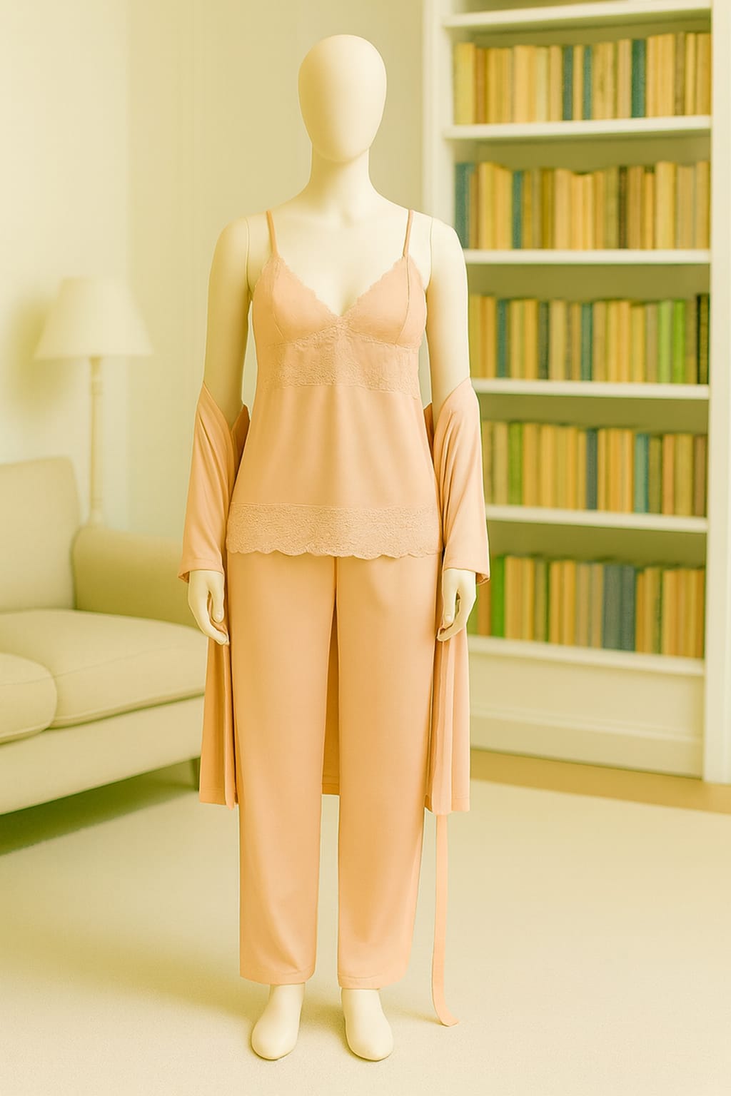 Luxury 3-Piece Silk Satin Nightwear Set – Elegant Lace Cami, Full-Length Pajamas & Matching Robe (Free Size - 12 Colors)