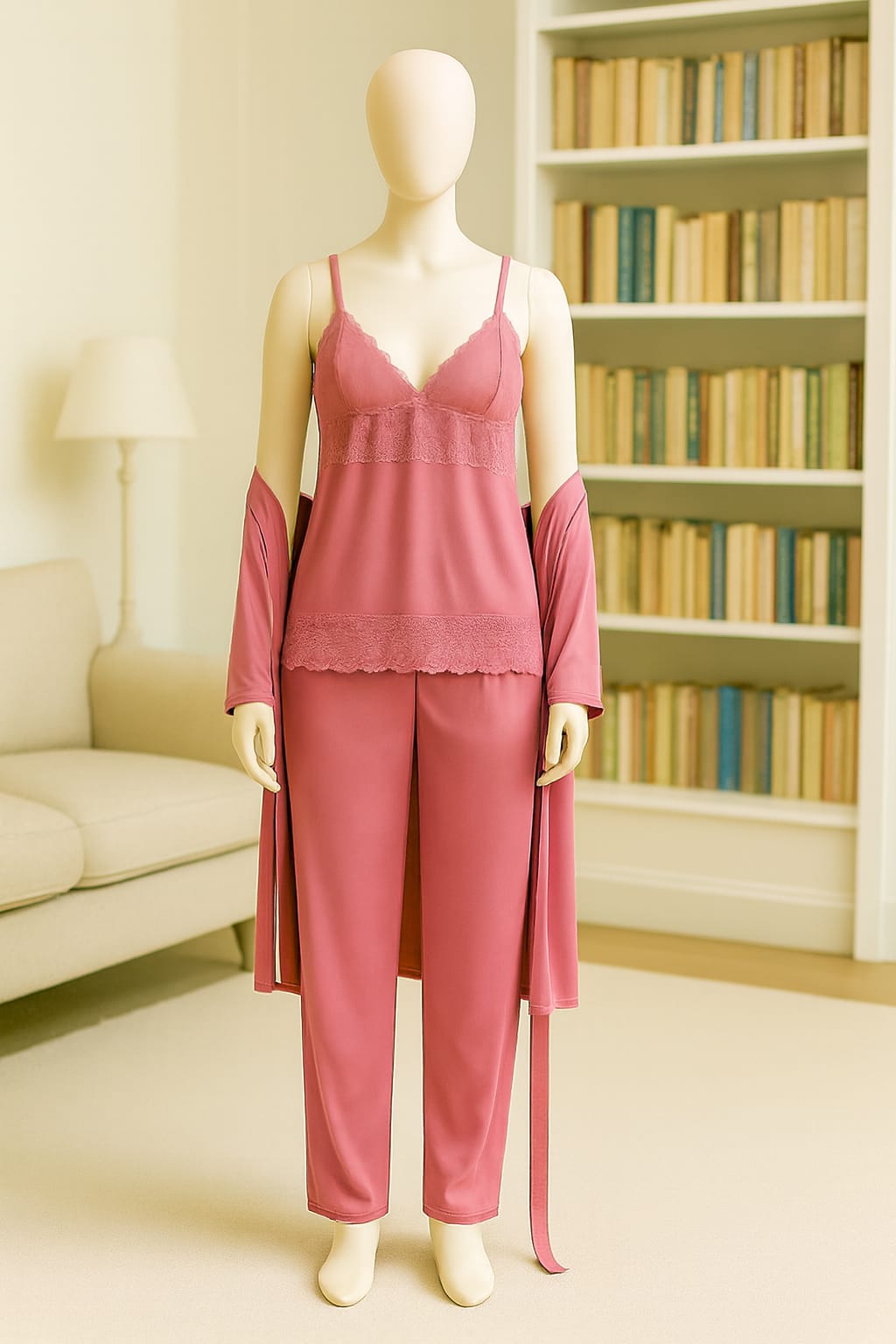 Luxury 3-Piece Silk Satin Nightwear Set – Elegant Lace Cami, Full-Length Pajamas & Matching Robe (Free Size - 12 Colors)