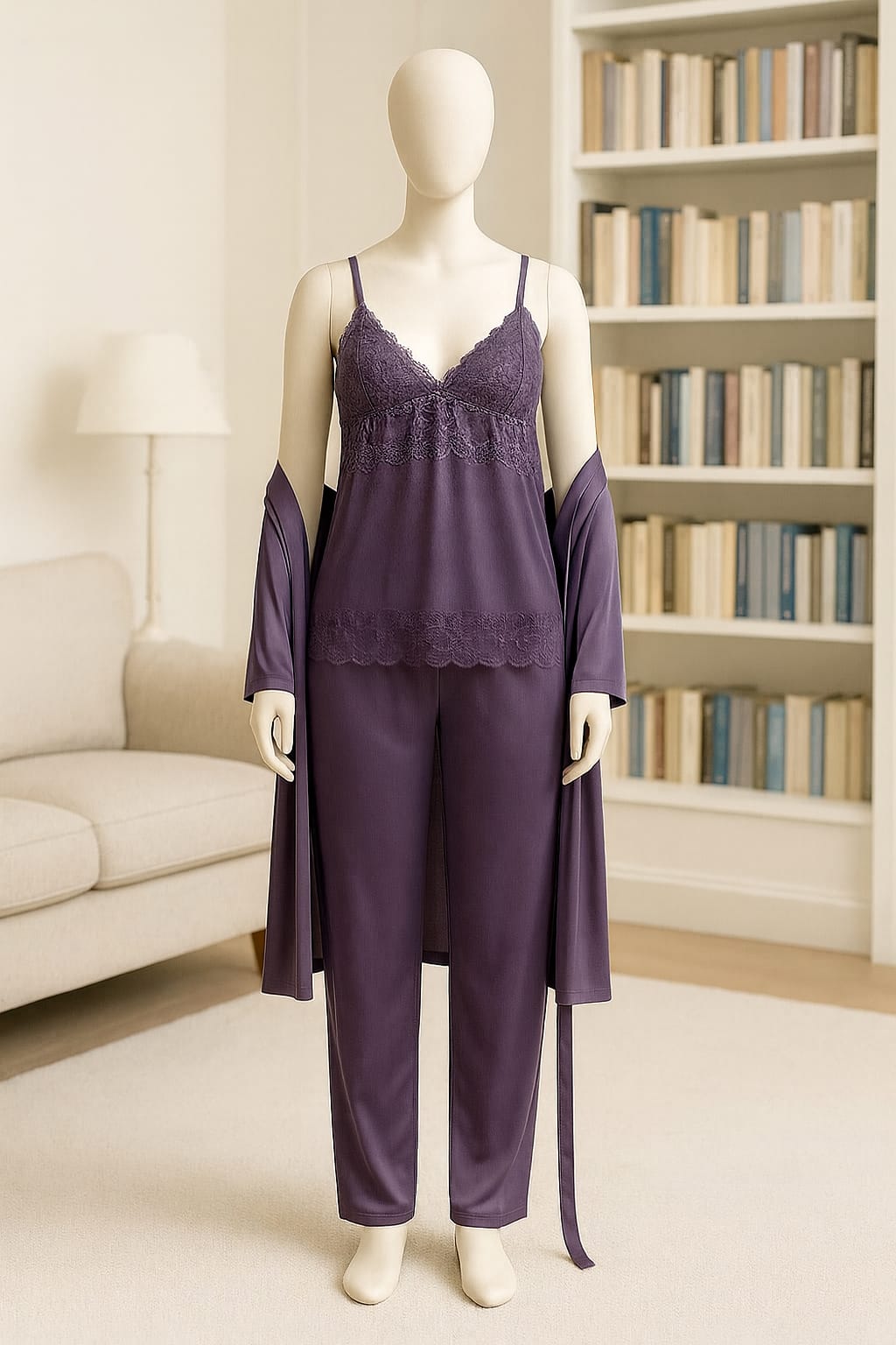Luxury 3-Piece Silk Satin Nightwear Set – Elegant Lace Cami, Full-Length Pajamas & Matching Robe (Free Size - 12 Colors)