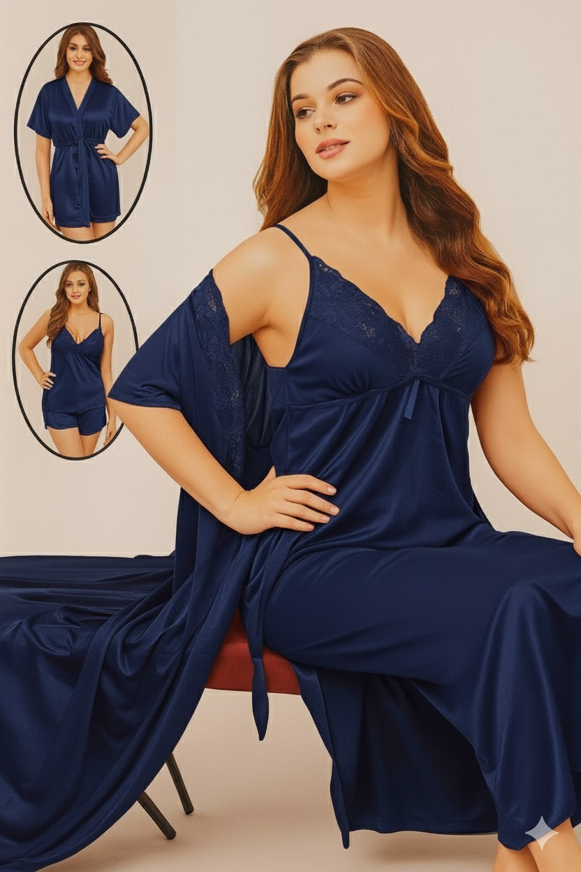 Silk Nighty, 4 Piece Nightwear, Satin Sleepwear, Women's Loungewear, Bridal Nighty Set, Free Size Nightwear, Luxury Nightgown, Silk Robe Set.