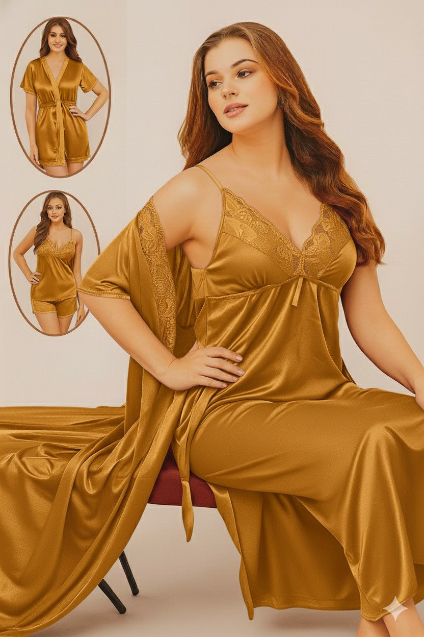 Silk Nighty, 4 Piece Nightwear, Satin Sleepwear, Women's Loungewear, Bridal Nighty Set, Free Size Nightwear, Luxury Nightgown, Silk Robe Set.