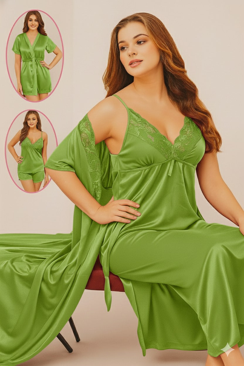 Silk Nighty, 4 Piece Nightwear, Satin Sleepwear, Women's Loungewear, Bridal Nighty Set, Free Size Nightwear, Luxury Nightgown, Silk Robe Set.