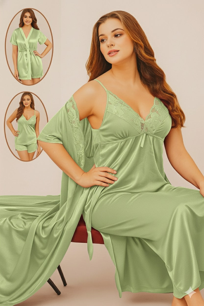 Silk Nighty, 4 Piece Nightwear, Satin Sleepwear, Women's Loungewear, Bridal Nighty Set, Free Size Nightwear, Luxury Nightgown, Silk Robe Set.