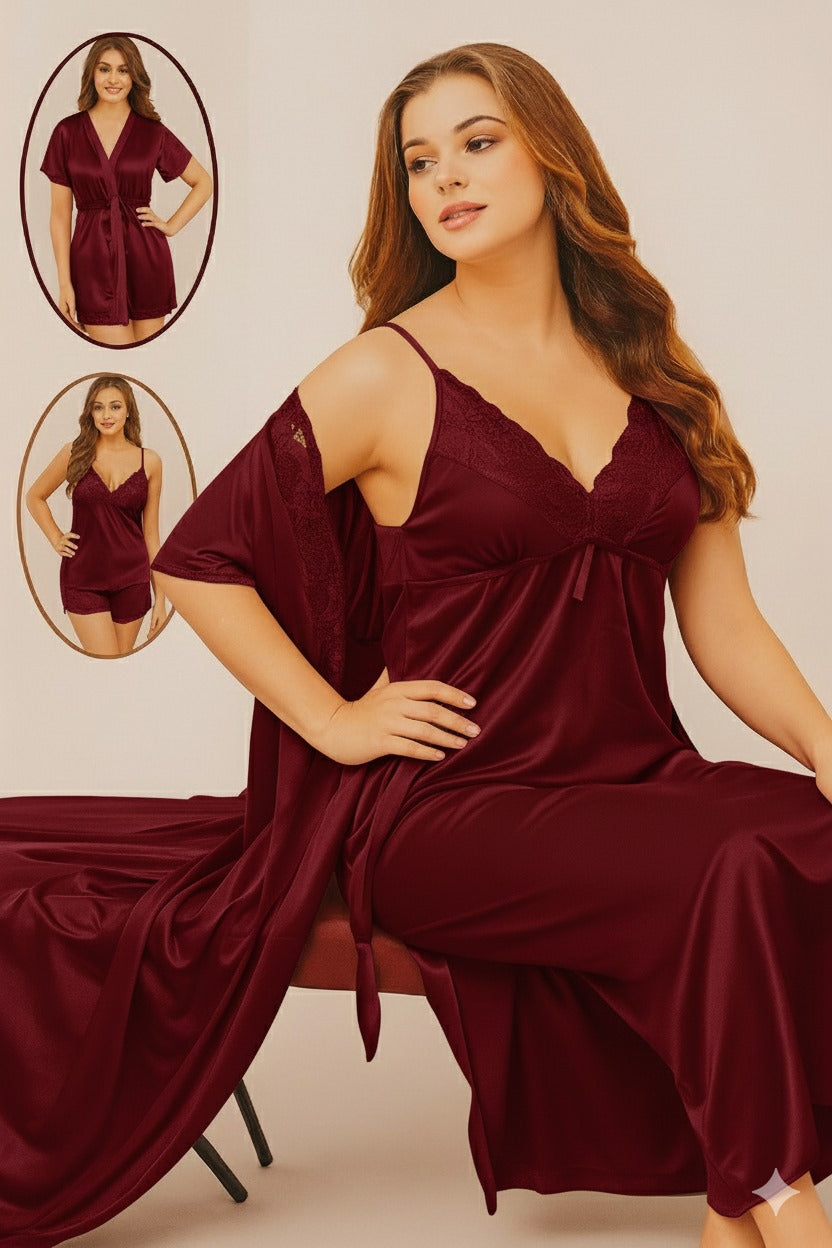 Silk Nighty, 4 Piece Nightwear, Satin Sleepwear, Women's Loungewear, Bridal Nighty Set, Free Size Nightwear, Luxury Nightgown, Silk Robe Set.