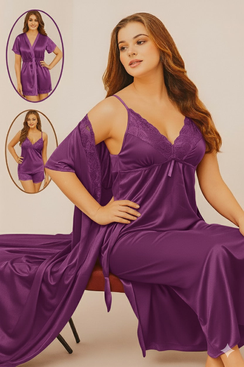 Silk Nighty, 4 Piece Nightwear, Satin Sleepwear, Women's Loungewear, Bridal Nighty Set, Free Size Nightwear, Luxury Nightgown, Silk Robe Set.